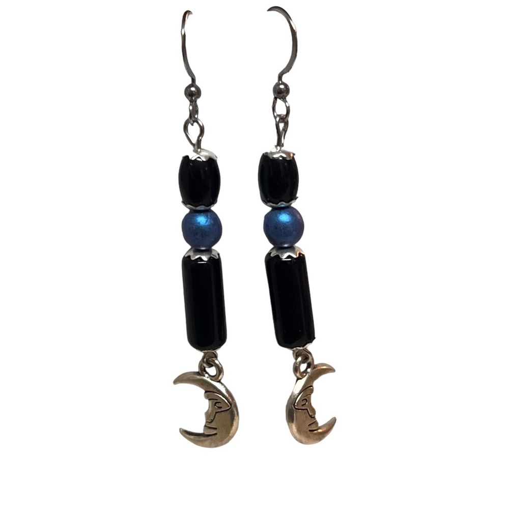 Handcrafted Obsidian Czech glass moon earrings - Picture 5 of 5